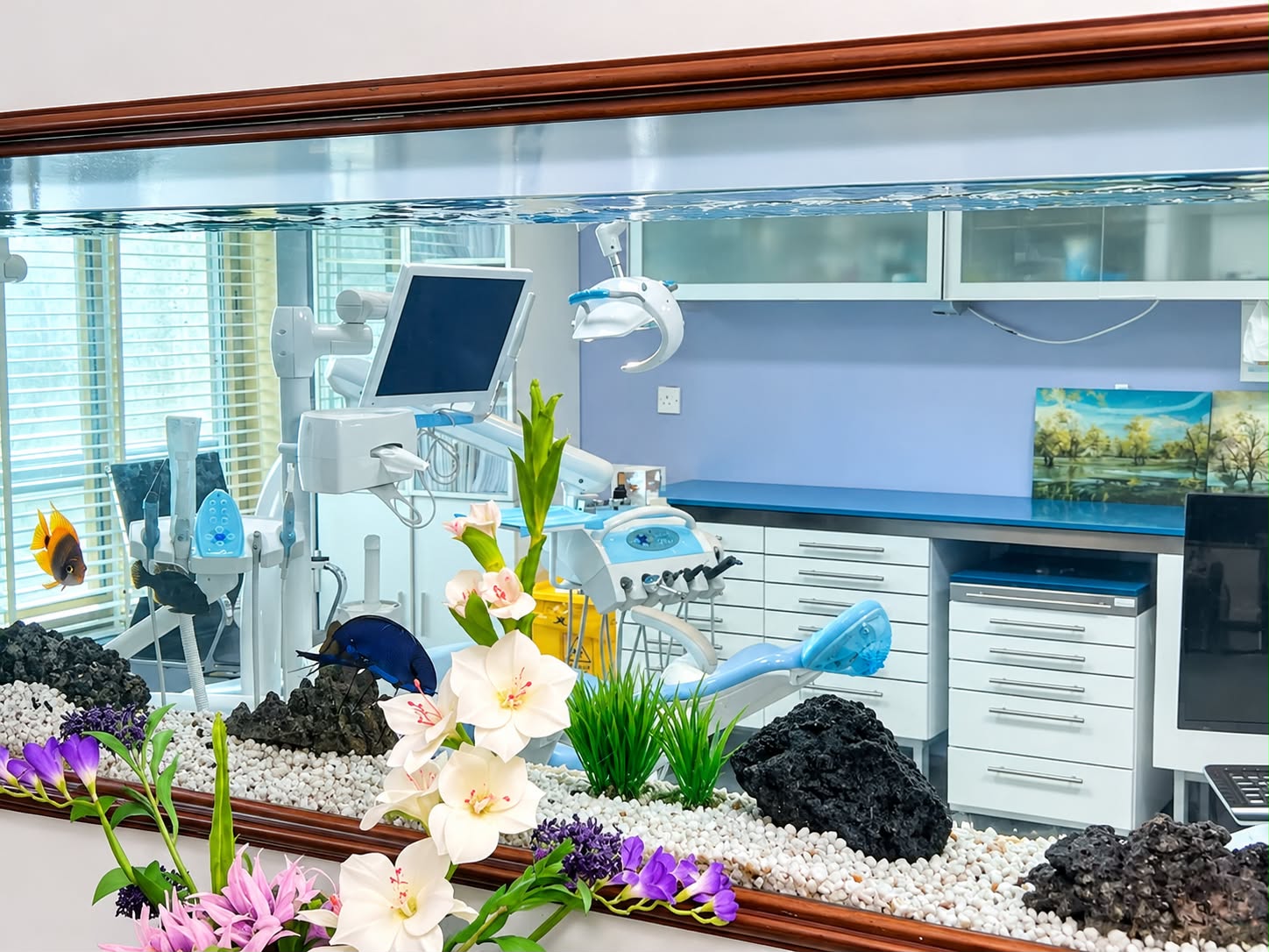 Dental Health Clinic treatment room with a blue dental chair and equipment seen through its aquarium